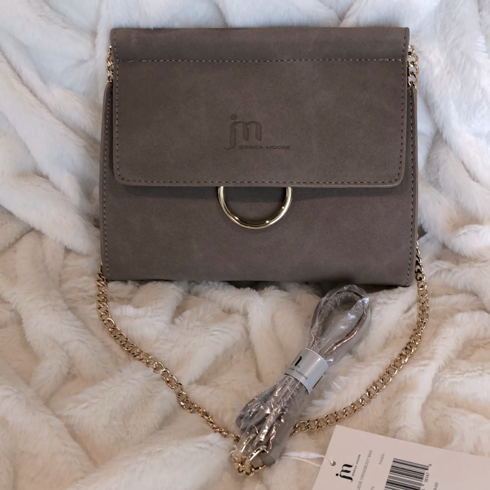 Jessica Moore Suede Leather Purse in Color Fawn, gold & suede crossbody bag